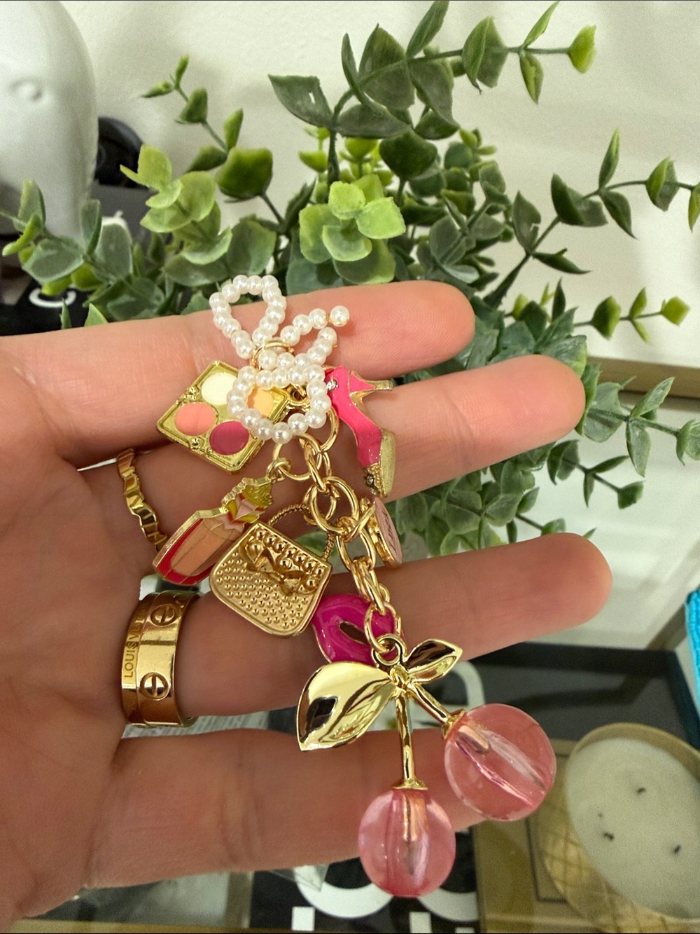 Pink Cherry Charm Keychain & Card Holder Keyring - Picture 5 of 5